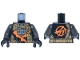 Part No: 973pb6173c01  Name: Torso Tunic with Orange Trim, Dark Silver Armor, Dark Tan Strap, Gold Clasp and Charm with Ninjago Logogram Letter C Pattern / Pearl Dark Gray Arms / Black Hands