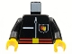 Part No: 973px121c01  Name: Torso Fire Flame Badge, Red Belt, and Zipper Pattern / Black Arms / Yellow Hands