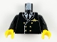 Part No: 973px189c01  Name: Torso Airplane Pilot, Suit Double Breasted, Tie, Gold Buttons and Logo Pin Pattern / Black Arms / Yellow Hands