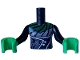 Lego part: Torso Mini Doll Girl Dress Top with Light Bluish Gray Breast Inset and Filigree and Dark Green Collar Pattern, Bright Green Arms with Hands with Black Long Sleeves