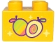 Part No: 3437pb133  Name: Duplo, Brick 2 x 2 with Lime, Coral and Bright Light Yellow Mangoes with Dark Purple Outlines and Sparkles Pattern