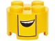 Part No: 3941pb54  Name: Brick, Round 2 x 2 with Axle Hole with Yellow Stripe, Black Bent Line and Open Mouth with White Teeth Pattern