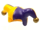 Part No: 62537pb04  Name: Minifigure, Headgear Jester's Cap with Dark Purple Left Side and Gold Pom Poms Pattern