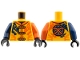 Part No: 973pb6516c01  Name: Torso Tang, Gold Clasps, Dark Blue and Reddish Orange Dragons, Ninjago Logogram 'Arin' on Back Pattern / Reddish Orange Arm Left / Dark Blue Arm Right / Black Hands