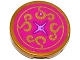 Part No: 14769pb035  Name: Tile, Round 2 x 2 with Bottom Stud Holder with Magenta Cushion with Medium Lavender Button and Gold Swirls Pattern (Sticker) - Set 41061