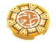 Part No: 14769pb0501  Name: Tile, Round 2 x 2 with Bottom Stud Holder with Gold Frame with 6 Chevrons, Dark Orange and White Core Logo Pattern