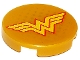 Part No: 14769pb161  Name: Tile, Round 2 x 2 with Bottom Stud Holder with Yellow Letter 'W' with Red Outline Wonder Woman Logo and Gold Dots Pattern