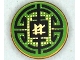 Part No: 14769pb206  Name: Tile, Round 2 x 2 with Bottom Stud Holder with Black Circular Lines and Gold Squares on Green Background, Ninjago Logogram 'LL' Pattern