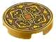 Lego part: Tile, Round 2 x 2 with Bottom Stud Holder with Gold and Yellow 4 Petal Flower Design and Square on Dark Orange Background Pattern (Coin)