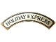 Part No: 27507pb23  Name: Tile, Round Corner 4 x 4 Macaroni with Metallic Gold Sign with Black 'HOLIDAY EXPRESS' Pattern
