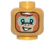 Part No: 3626pb3322  Name: Minifigure, Head Alien Balaclava, Dark Tan and Dark Orange Monkey Face, Dark Turquoise Eye Shadow, Lopsided Open Mouth Smile with Teeth, Black Outline Pattern