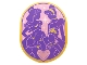 Part No: 65474pb07  Name: Tile, Round 6 x 8 Oval with Dark Purple Belle, Cinderella, Ariel, and Tiana with Gold Trim on Metallic Pink Background, Heart Jewel Pattern