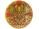 Lot ID: 404572866  Part No: 75902pb30  Name: Minifigure, Shield Circular Convex Face with Gold and Dark Brown Dragon Face, Red and Coral Eyes, Mouth, and Symbols Pattern