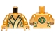 Part No: 973pb1348c01  Name: Torso Ninjago Robe with Black, Green, and Gold Trim, Straps, Clasps, Dragon Head in Circle on Back Pattern / Pearl Gold Arms / Pearl Gold Hands