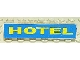 Part No: 3067pb10  Name: Brick 1 x 6 without Bottom Tubes with Yellow on Blue 'HOTEL' Pattern