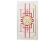 Part No: 57895pb139  Name: Glass for Window 1 x 4 x 6 with Red Lines, Gold Border and Ninjago Core Logo on White Background Pattern