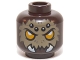 Part No: 3626pb1085  Name: Minifigure, Head Alien Chima Spider with Bright Light Orange Eyes, Dark Tan Fur, Black and White Spots on Forehead, and White Fangs Pattern