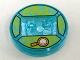 Part No: 18605c01pb17  Name: Dimensions Toy Tag 4 x 4 x 2/3 with 2 Studs and Trans-Light Blue Bottom with Orange Magnifying Glass and Medium Azure Question Marks on Lime Background Pattern (Shaggy)
