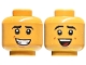 Part No: 28621pb0101  Name: Minifigure, Head Dual Sided Black Eyebrows, Reddish Brown Dimples, Lopsided Open Mouth Smile with Teeth / Laughing with Dark Red Tongue Pattern - Vented Stud