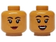 Part No: 3626pb3726  Name: Minifigure, Head Dual Sided Female Black Eyebrows and Eyelashes, Medium Nougat Freckles, Dark Red Lips, Neutral / Open Mouth Grin with Teeth Pattern
