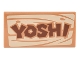Part No: 87079pb1189  Name: Tile 2 x 4 with Reddish Brown 'YOSHI' on Tan Wood Grain Pattern