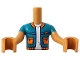 Part No: FTBpb131c01  Name: Torso Mini Doll Boy Dark Turquoise Jacket Open with Orange Pockets, Collar and Hem over White T-Shirt Pattern, Medium Nougat Arms with Hands with Dark Turquoise Short Sleeves
