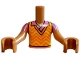 Part No: FTBpb140c01  Name: Torso Mini Doll Boy Yellow Vest with Bright Light Orange and Orange Zigzag Lines and Collar over Dark Pink Shirt Pattern, Medium Nougat Arms with Hands with Dark Pink Short Sleeves
