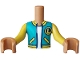 Part No: FTBpb158c01  Name: Torso Mini Doll Boy Dark Turquoise Open Jacket with Yellow Side Pockets, Trim and Letter L Badge over White Shirt Pattern, Medium Nougat Arms with Hands with Yellow Long Sleeves