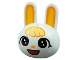 Part No: 105201pb02  Name: Minifigure, Head, Modified Bunny / Rabbit with Molded Bright Light Orange Inner Ears and Printed Bright Light Yellow Bangs, Large Black Eyes, White Face, Bright Light Orange Nose, Red Open Mouth Smile Pattern