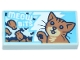 Lego part: Tile 1 x 2 with 'MEOW BiTS' and Medium Nougat and Tan Cat on White and Medium Azure Jagged Background Pattern