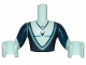 Lot ID: 179225882  Part No: FTMpb043c01  Name: Torso Mini Doll Man Dark Blue Top Deeply Cut and Crystal Necklace Pattern, Light Aqua Arms with Hands with Dark Blue Sleeves