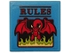 Part No: 3068pb1284  Name: Tile 2 x 2 with Red 'RULES' and Dragon Blowing Lime Flames on Dark Azure Background Pattern (Sticker) - Set 75810
