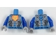 Part No: 973pb2897c01  Name: Torso Nexo Knights Armor with Orange Emblem with Yellow Crowned Lion, Silver Panels, Dark Azure Hexagon  Pattern / Blue Arms / Light Bluish Gray Hands