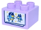 Part No: 3437pb149  Name: Duplo, Brick 2 x 2 with White Paper Lower Half, Dark Azure, Dark Blue and Yellow Drawing of Bluey, Bandit and Stars Pattern