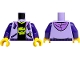 Part No: 973pb6158c01  Name: Torso Hoodie Open with Medium Lavender Hood, Dark Purple Drawstrings and Pockets, Black Shirt with Lime Collar and Skull Pattern / Dark Purple Arms / Yellow Hands