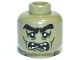 Part No: 3626pb0772  Name: Minifigure, Head Alien Monster with Black Thick Eyebrows, Large Upper Eyelids, Dark Green Cheek Lines, Chin Dimple and Wrinkles, Open Mouth with Scattered Teeth Parted Pattern