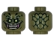 Part No: 3626pb3531  Name: Minifigure, Head Alien with Lizard Dark Green Scales, Lime Eyes, Dark Pink Fangs, Black Eyebrows and Mouth, Open Smile with White Bared Teeth Pattern