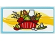 Part No: 87079pb1620  Name: Tile 2 x 4 with Bread, Banana, Corn, Lettuce, Ginger and Milk in Red Basket, Yellow Stripe and Bright Light Yellow Oval on White Background Pattern (Sticker) - Set 41704