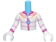 Part No: FTBpb149c01  Name: Torso Mini Doll Boy White Jacket with Zipper, Heart Shaped Zipper Pull, Bright Pink Stripes, Orange and Magenta Collar Pattern, White Arms with Hands with Bright Pink and Magenta Stripes