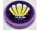 Part No: 14769pb643  Name: Tile, Round 2 x 2 with Bottom Stud Holder with Bright Light Yellow Scallop Shell, White Pearls and Holographic Highlights on Dark Purple Background Pattern (Sticker) - Set 41162