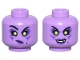 Part No: 28621pb0180  Name: Minifigure, Head Dual Sided Female, Lime Eyes and Dark Purple Eye Shadow and Lips, Crooked Mouth Frown / White Fangs Smile Pattern - Vented Stud