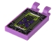 Part No: 30350bpb214  Name: Tile, Modified 2 x 3 with 2 Open O Clips with Dark Purple and Lime Head-up Display (HUD) with 'WYMM?' and Silver Spider Web on Black Background Pattern (Sticker) - Set 80022