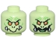 Part No: 3626pb3632  Name: Minifigure, Head Dual Sided Alien with Orange Eyes, Nostrils, Bright Green Markings, White Bottom Fangs, Angry / Evil Open Mouth Smile with Tongue Pattern