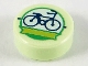 Part No: 98138pb181  Name: Tile, Round 1 x 1 with Dark Blue Bicycle and Lime Ribbon in White Circle with Bright Green Outline Pattern