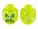 Lego part: Minifigure, Head Alien Ghost with Yellowish Green Face, Slime Mouth, Raised Eyebrows and Flames in Back Pattern