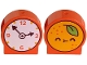 Part No: 14222pb034  Name: Duplo, Brick 1 x 2 x 2 Round Top, Cut Away Sides with White Clock Face, Dark Brown Hands, Bright Light Orange Fruit Face on Back with Lime Leave Pattern