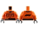 Part No: 973pb5981c01  Name: Torso Racing Suit with Black Pockets, Stitching, Collar and Waistband, Formula 1 Logo Stylized 'F1' on Back Pattern / Reddish Orange Arms / Dark Bluish Gray Hands