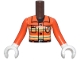 Part No: FTGpb525c01  Name: Torso Mini Doll Girl Reddish Orange Fire Suit Jacket with Bright Light Yellow and Silver Reflective Stripes, Buckle, Buttons and Fire Logo Badge, Black Belt, Collar and Pocket Pattern, Reddish Orange Arms / Sleeves with White Hands / Gloves