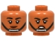 Part No: 3626pb4108  Name: Minifigure, Head Dual Sided Female Black Eyebrows and Eyelashes, Reddish Brown Lips, Chin Strap, Slight Lopsided Grin / Angry Open Mouth with Teeth Pattern