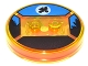 Part No: 18605c02pb09  Name: Dimensions Toy Tag 4 x 4 x 2/3 with 2 Studs and Trans-Orange Bottom with Black Bicycle Silhouette in White Circle on Blue Background Pattern (E.T.)